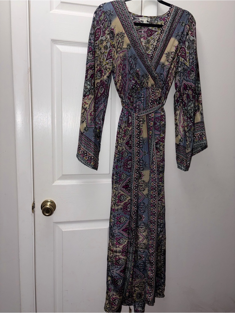 EARTHBOUND Paisley Wrap Maxi Dress in Blue, Cream & Pink